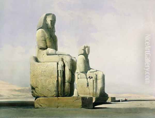 Thebes, December 4th 1838, detail of the colossi of Memnon, plate 12 from Volume I of Egypt and Nubia, engraved by Louis Haghe 1806-85 pub. 1846 - view 1