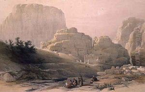 Lower End of the Valley showing the Acropolis, Petra, March 9th 1839, plate 102 from Volume III of The Holy Land, engraved by Louis Haghe 1806-85 pub. 1849