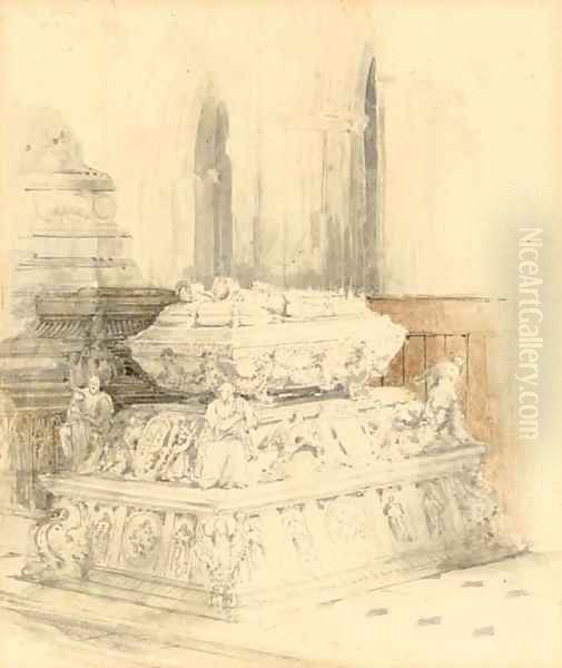 A medieval tomb in a cathedral interior - view 1