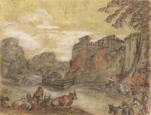 Landscape With Resting Sheperds And Travellers At The Walls Of A City.