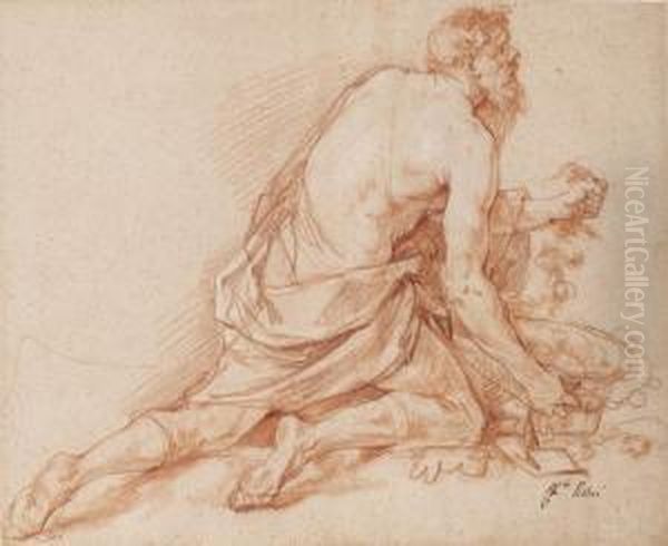 A Kneeling Man With A Basket Of Grapes And Vine Leaves In Hishand - view 1