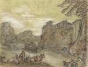 Landscape With Resting People, Sheperds And Travellers, Before Thewalls Of A City. by Charles Joseph Natoire