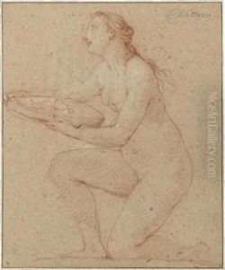 Study Of A Nude Girl Kneeling In Profile To The Left, Offering A Platter Of Fruit by Charles Joseph Natoire