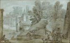 Bergers Et Troupeaux A L'entree D'un Village Des Environs De Rome by Charles Joseph Natoire