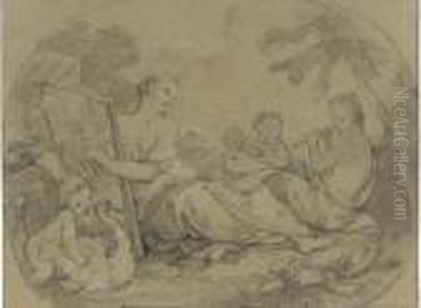 Two Women With Putti Music Making In A Landscape - view 1