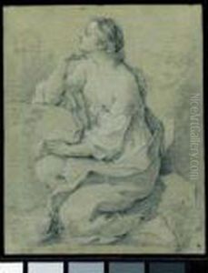 Study Of A Partly Draped Female Figure, Seated Amongst Rocks by Charles Joseph Natoire