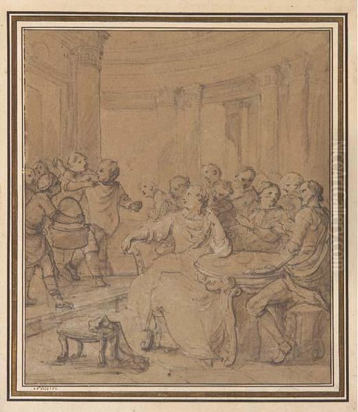 Don Quichotte Assis A Une Table
Avec Une Femme Se Tournant Vers Sancho Panca Accompagnee D'enfants - view 1