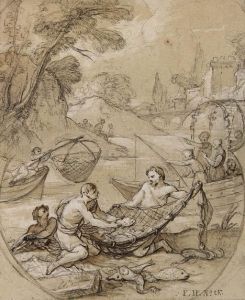 Fishermen Drawing Their Nets, With Figures On A Boat In Thebackground