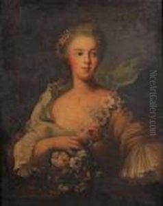 Portrait Of A Lady, Half-length,
 In A Pink Dress With A Blue Shawl And Holding A Garland Of Flowers