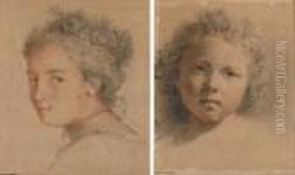 Tete De Jeune Femme Vue De Trois-quarts; Et Tete De Jeune Garcon Aux Cheveux Boucles - view 1