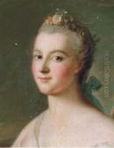 Portrait Of A Lady, Bust-length, With Flowers And A Blue Ribbon In Her Hair by Jean-Marc Nattier