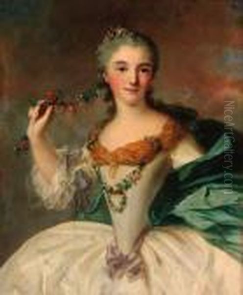 Portrait Of A Young Lady, Small
Three-quarter-length, In A Whitedress With A Blue Wrap, Holding A
Garland Of Wild Flowers - view 1