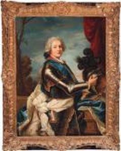 Portrait Of A Military
Commander, Standing Three-quarter-length, Inarmour With A Blue Sash And
An Ermine Lined Cloak, Holding A Helmetbefore A Crimson Curtain, A
Landscape Beyond by Jean-Marc Nattier