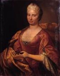 Portrait Of A Lady, Half-length, In A Pink Dress And A Gold Wrap,holding A Carnation by Jean-Marc Nattier