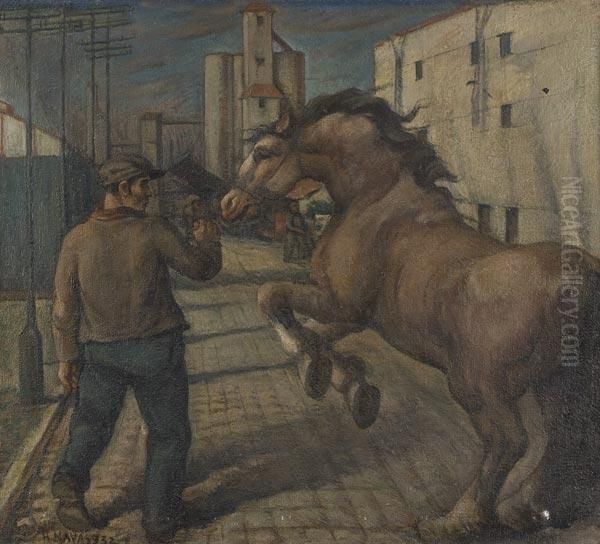 Uomo Con Cavallo Imbizzarrito In Citta - view 1