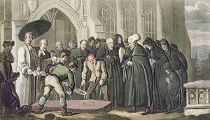 Dr Syntax at the Funeral of his Wife, from The Tour of Dr Syntax in search of the Picturesque, by William Combe, published 1812 by Thomas Rowlandson