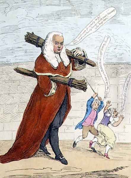 Judge Thumb - or Patent Sticks for Family Correction, Warranted Lawfull, cartoon of Judge Butler, from Rowlandson's Caricature Magazine, Vol. II, pub. by Thomas Tegg, c.1782 - view 1