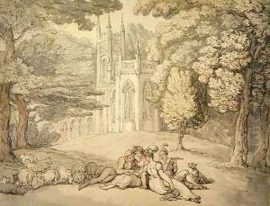 A college green with a group of damsels and young gentlemen in the foreground, c.1810-15 by Thomas Rowlandson
