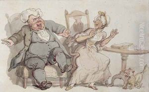 An Old Woman and her Dog Startled by Male Company
