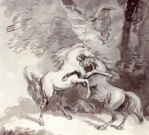Horse Fighting On A Woodland Path by Thomas Rowlandson