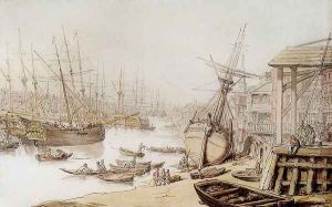 A View On The Thames With Numerous Ships And Figures On The Wharf by Thomas Rowlandson