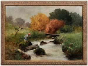 River Landscape With Girl In Red Kerchief by Antal Neogrady