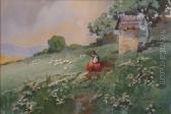 Woman On Hillside With Geese - view 1