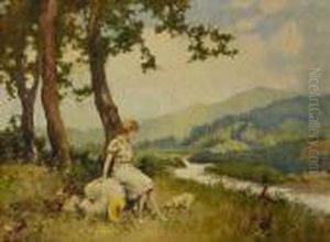Junge Frau Mit Ihrem Hund Bei Der Rast by Antal Neogrady