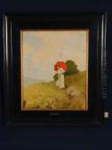 Dame Mit Rotem Schirm Auf Der Wiese