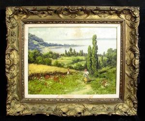 Two Female Figures Walking Near A Wheatfield With A Bay In The Background