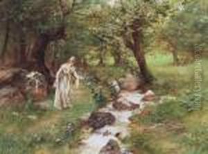 Lady Picking Flowers By The Stream by Antal Neogrady