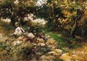 Girls, Picking Flowers By The Brook