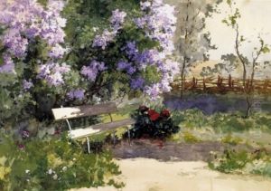 Garden Bench By Lilac Bush by Antal Neogrady