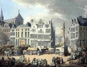 Place de Mier at Antwerp, engraved by Wright and Schutz, pub. by Rudolph Ackermann, 1797 by Thomas Rowlandson
