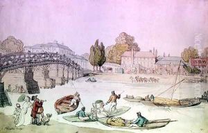 Hampton Bridge with Punts and Barges by Thomas Rowlandson