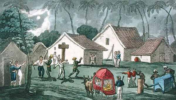 Pays a Nocturnal Visit to Dungaree, from The Grand Master, or Adventures of Qui Hi in Hindostan. A Hudibras Poem in Eight Cantos by Quiz, by William Combe 1741-1823 published by Thomas Tegg, London, 1815 - view 1