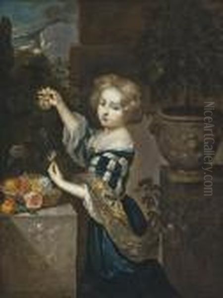 Portrait Of A Young Girl, 
Three-quarter-length, Wearing A Blue Velvet Dress And Holding Two Pink 
Roses, - view 1