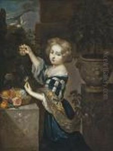 Portrait Of A Young Girl,
Three-quarter-length, Wearing A Blue Velvet Dress And Holding Two Pink
Roses, by Caspar Netscher