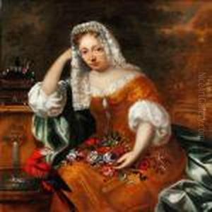 Portrait Of An Elegant Woman With Flowers And A Parrot Near A Fountain