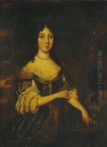 Portrait Of A Lady, 
Three-quarter Length, In A Blue Embroidered Dress With A Brown Wrap, 
Washing Her Hand, Attended By A Page, A Classical Building Beyond