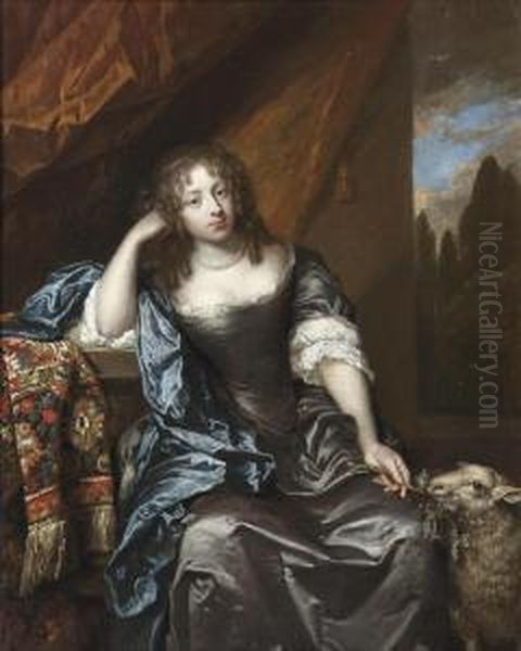 Portrait Of A Lady, Seated 
Three-quarter-length, In A Grey Silkdress With Lace Chemise, Blue Wrap 
And A Pearl Necklace, Holding Abranch In Her Left Hand, A Lamb At Her 
Side - view 1