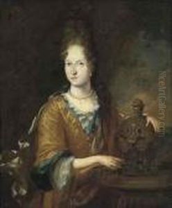 Portrait Of A Lady, 
Three-quarter-length, In A Rust And Blue Dressbeside A Fountain In A 
Landscape