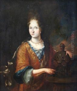 Portrait Of A Lady Standing By An Urn by Caspar Netscher