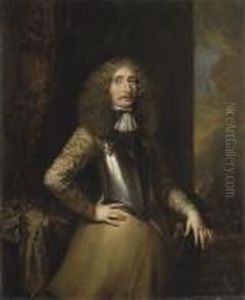 Portrait Of A Field Marshal, 
Three-quarter-length, In A Cuirass, A Marshal's Baton On The Table 
Beside Him, A Battle Beyond