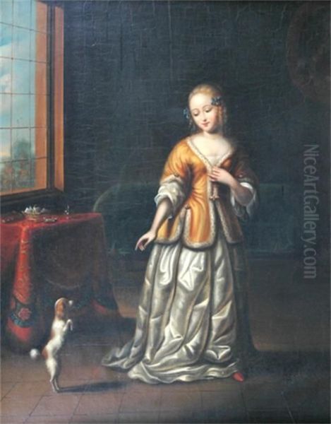 A Young Lady With A Playful Dog In An Interior - view 1