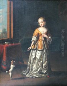 A Young Lady With A Playful Dog In An Interior by Caspar Netscher