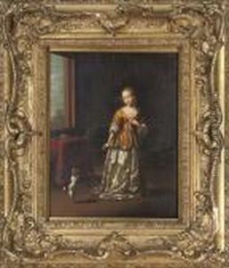 An Elegant Lady With A Spaniel In An Interior by Caspar Netscher