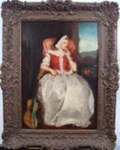 An Interior With An Elegant Lady Seated, With A Guitar Beside Her by Caspar Netscher