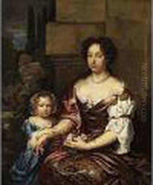 Portrait Einer Dame Mit Einem Madchen
 Ol Auf Leinwand. - view 1