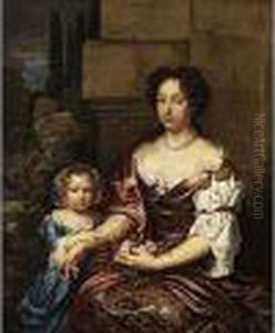 Portrait Einer Dame Mit Einem Madchen
 Ol Auf Leinwand. by Caspar Netscher